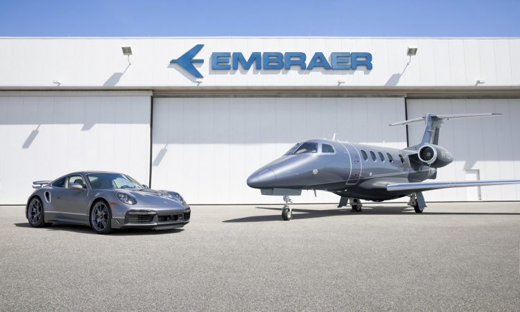 Porsche 911 exklusives Duo aus Sportwagen und Flugzeug vor besondere Edition Business Jets Embraer Phenom 300E 2 750x450 - Exklusiver Porsche 911 Turbo S bei Bestellung eines Embraer Jet